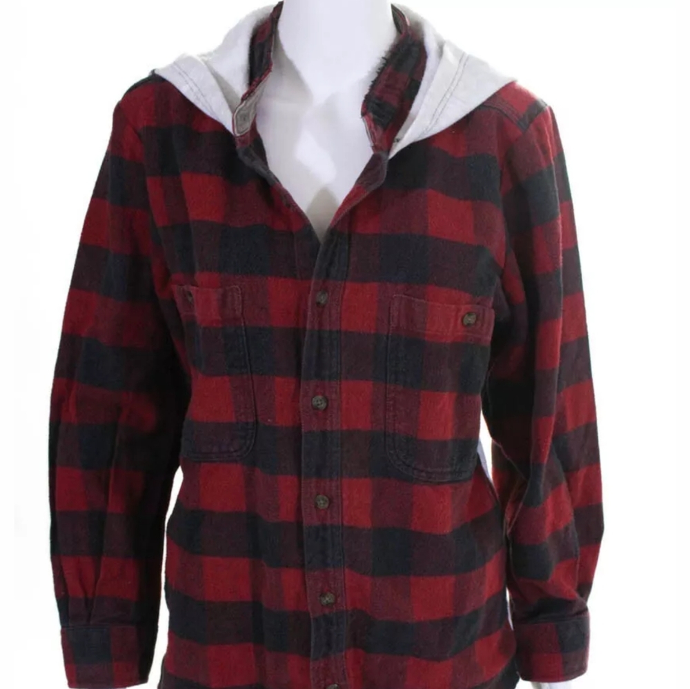 SNAP BLACK RED GRAY COTTON CHECKER HOODED SWEATER - Picture 2 of 5